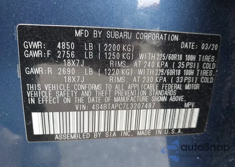 2020 Subaru Outback Touring z USA, uszkodzony, nr VIN 4S4BTAPC7L3207487